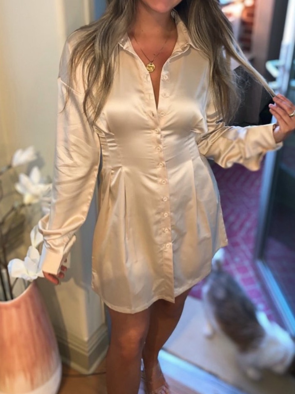 437 Satin Button-Front Beige Shirt Dress SMALL